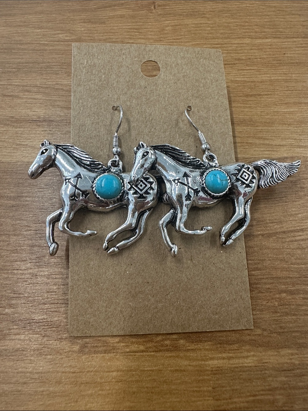 Silver Horse Dangle Earrings with Turquoise Accent